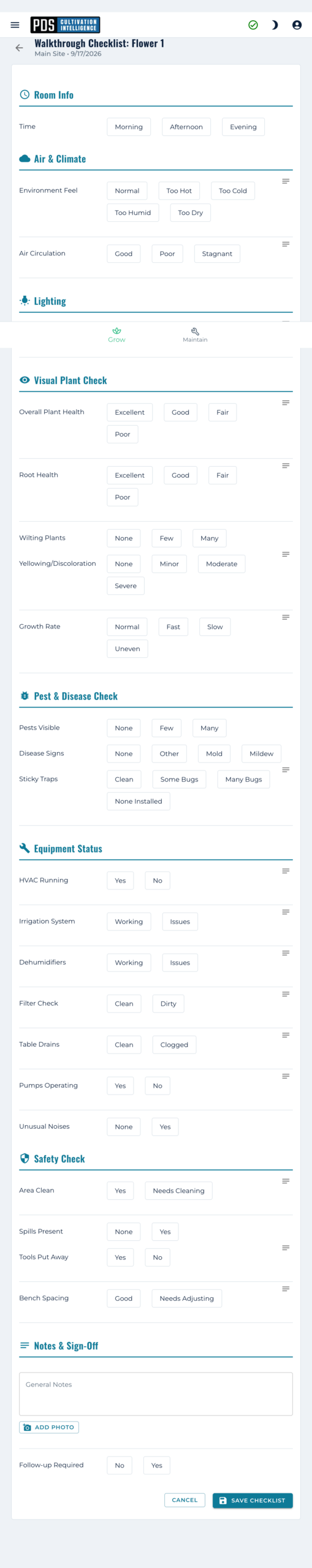 PDS walkthrough checklist on a phone, showing room info, air and climate, lighting, visual plant check, pest and disease, equipment status, safety check and sign-off sections